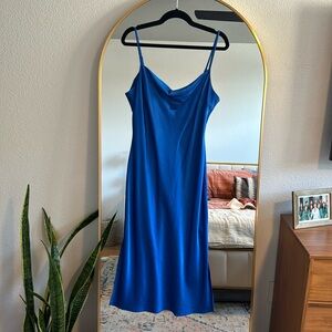 Express Cobalt Blue Satin Cowl Neck Midi Slip Dress